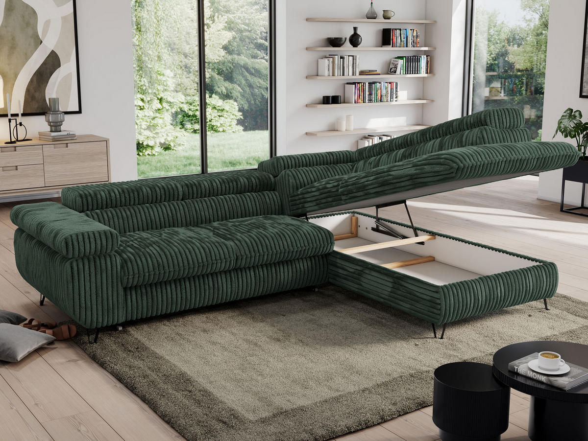 ECKSOFA PEDRO L Grün Cord - Rechts Seite - Schwarz/Grün, Textil/Metall (273/208cm) - MKS