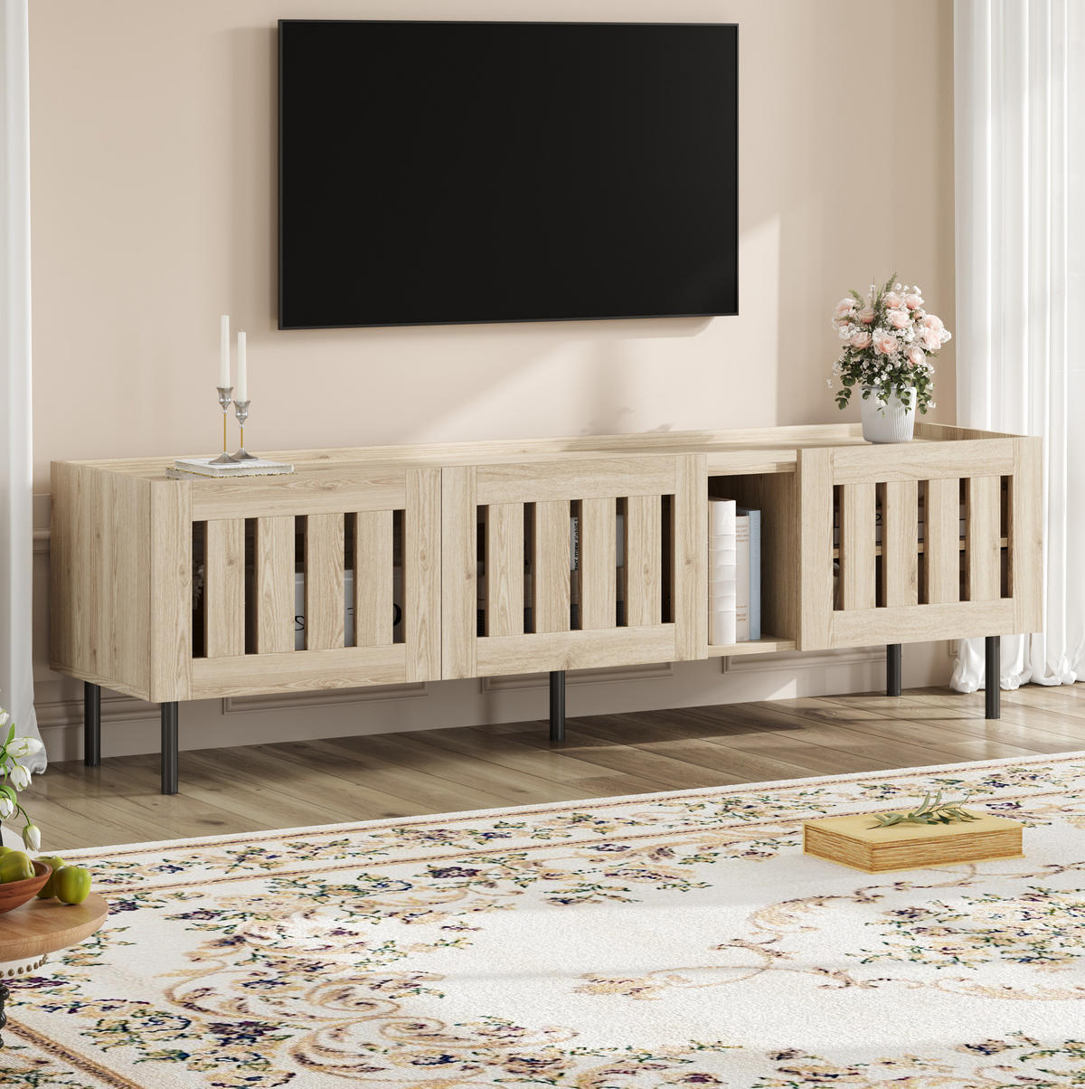 TV stolek 160/40/47 cm s průchozími lamelovými dvířky a kabelovým průchodem, přírodní - světle hnědá, kompozitní dřevo (160/47/40cm) - Redom