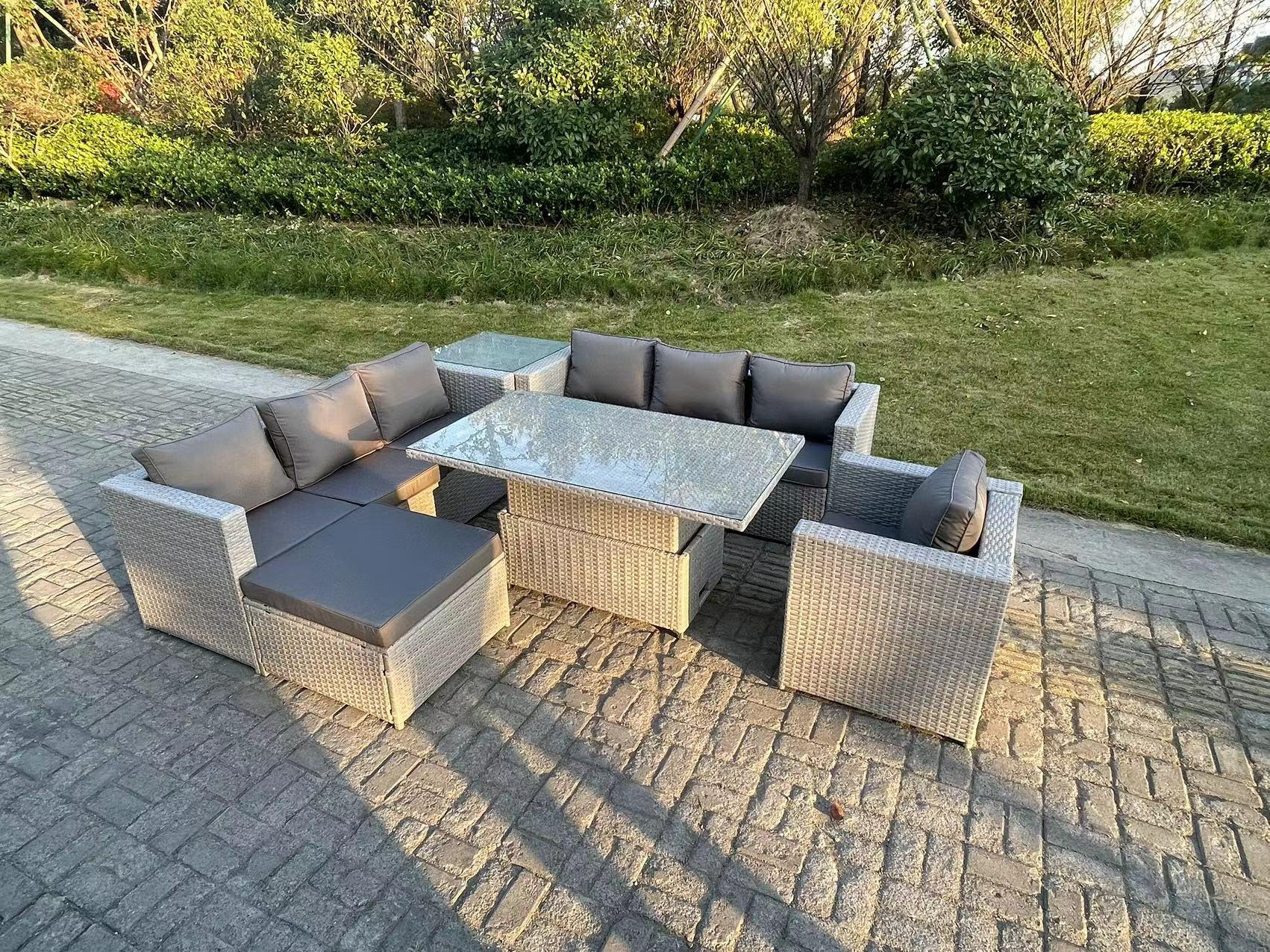 GARTENMÖBEL SET Polyrattan Helles Grau 8-Sitzer - Hellgrau, Metall - Fimous