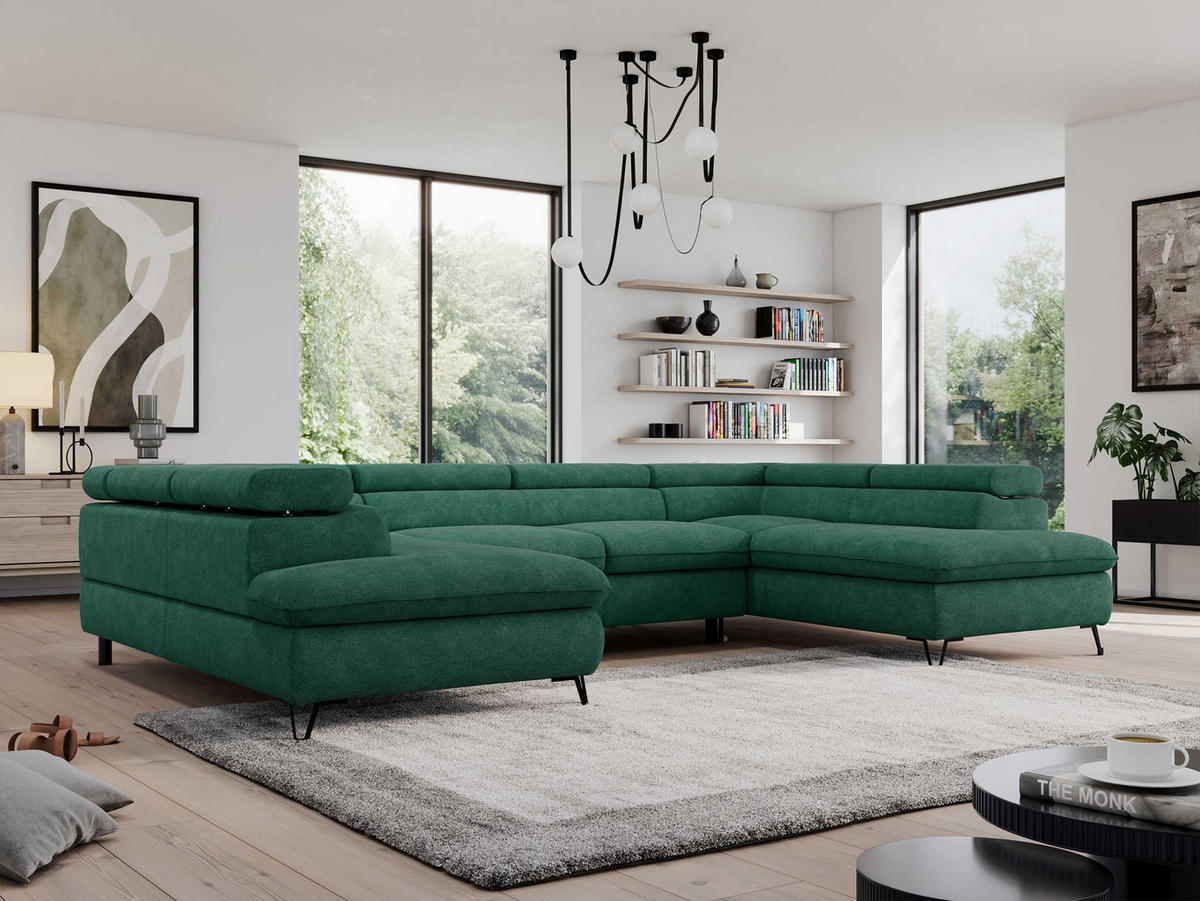 WOHNLANDSCHAFT PEDRO U Struktur Türkis - Türkis/Schwarz, Textil/Metall (346/76/208cm) - MKS