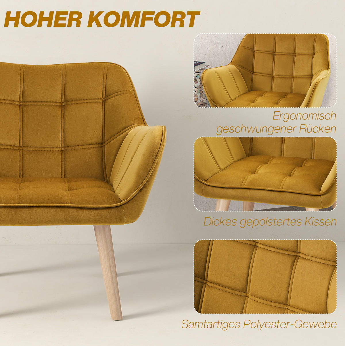 KŘESLO ušák 67/61,5/71 cm, polyester, žluté, skandinávský styl - žlutá, textil (61.5/71/67cm) - BEAOK