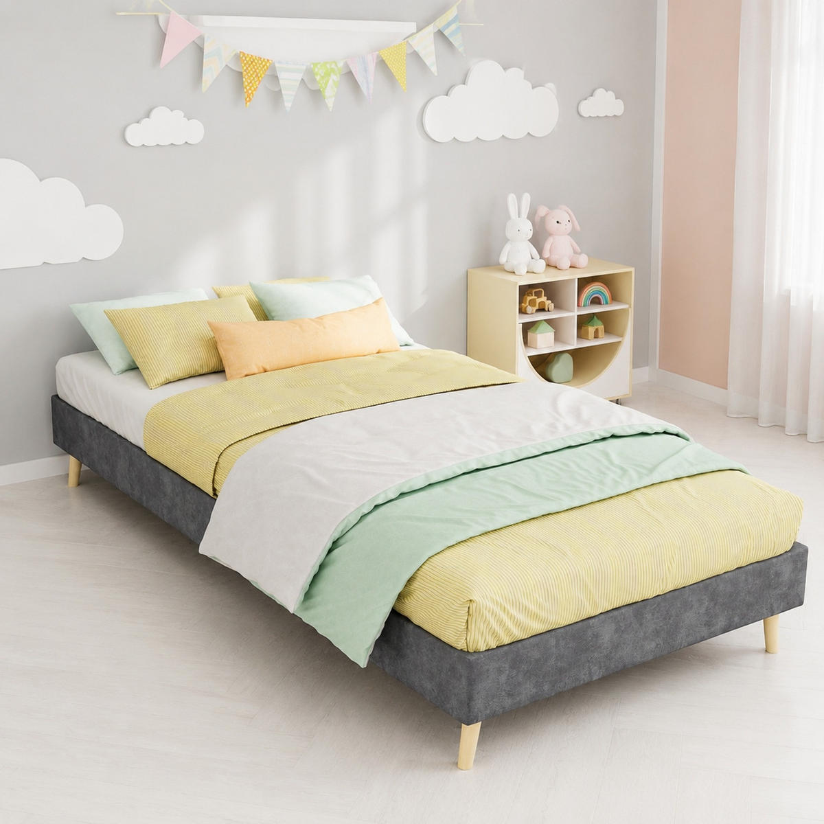 POLSTERBETT 90/200 mit Samtbezug und Massivholzfüßen in Grau - Grau, Holzwerkstoff/Textil (90/200cm) - EVRYAE