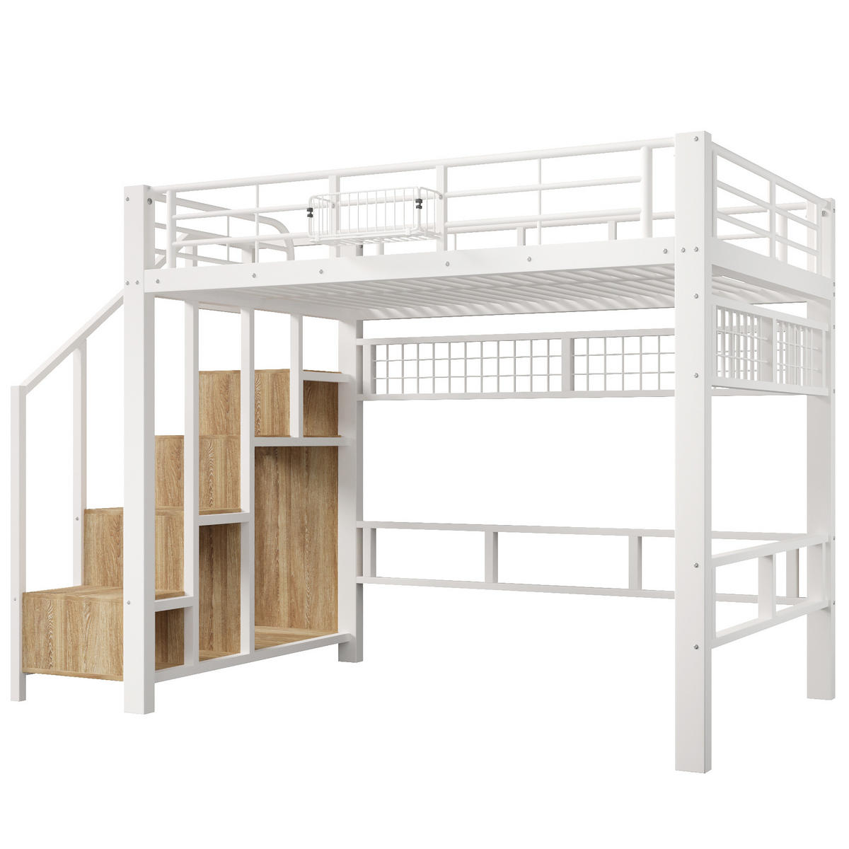 HOCHBETT 140/200 cm mit Metallgestell Weiß, Stauraumtreppe, Aufhänggitter und LED-Licht - Weiß, Metall