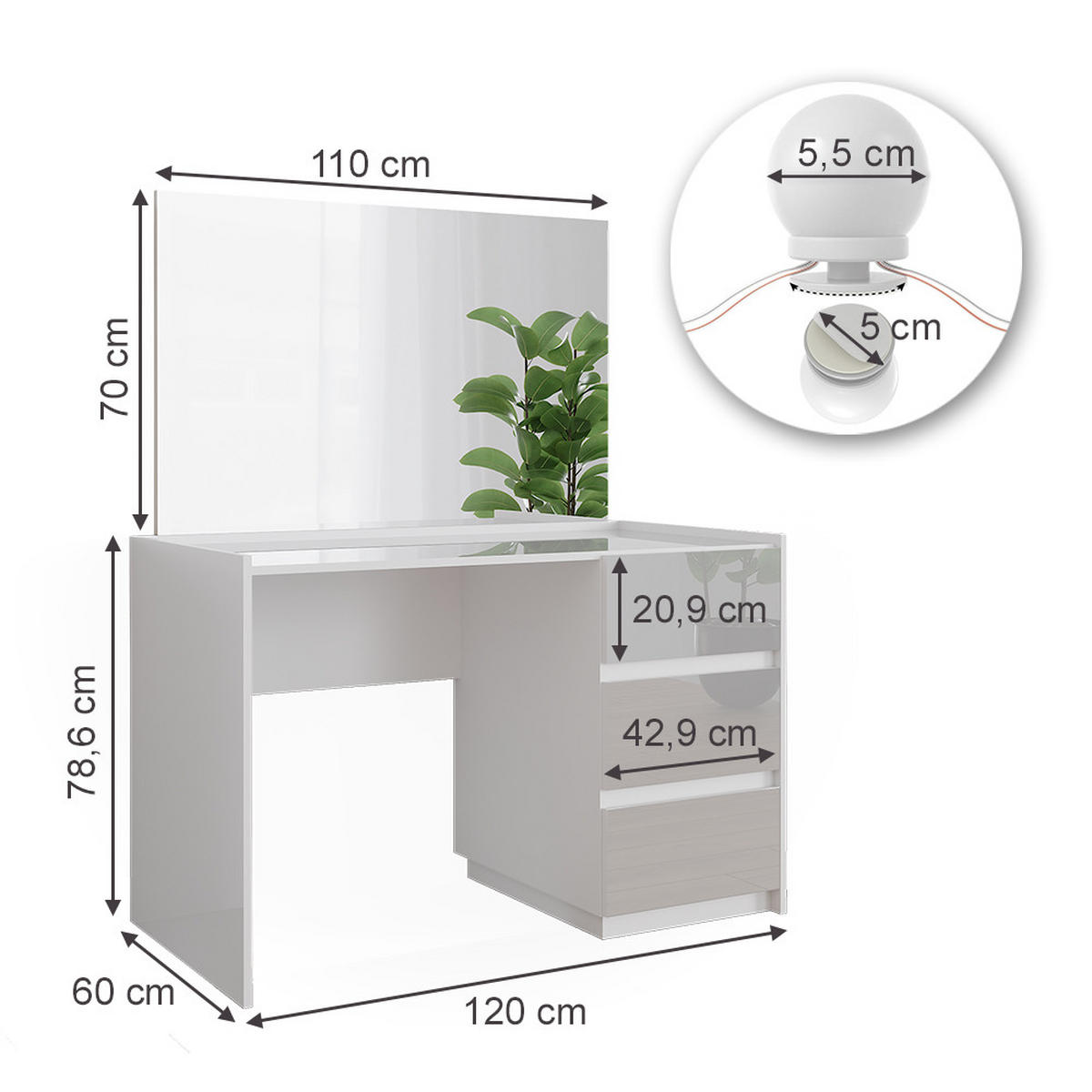 SCHMINKTISCH Marla Weiß Hochglanz 120 cm mit Spiegel, LED-Lichterkette - Weiß Hochglanz, Holzwerkstoff (120/78.6/60cm) - Vicco