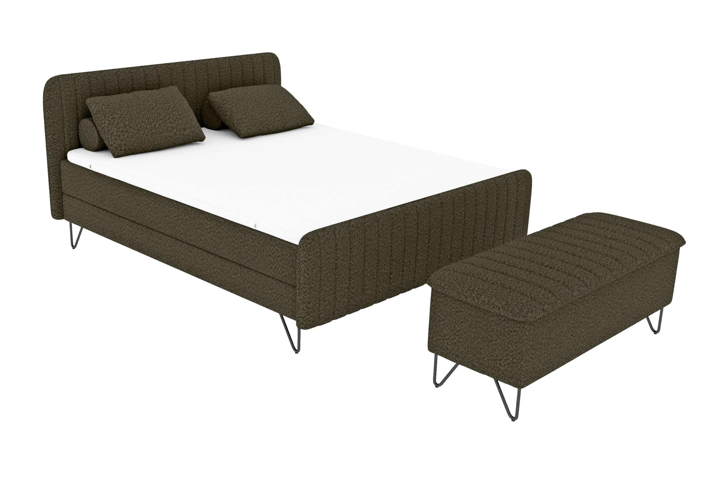 BOXSPRINGBETT LUCIO mit Hocker Bouclé-Stoff Olivgrün 180/200 cm - Schwarz/Olivgrün, Textil/Metall (180/200cm) - 99rooms