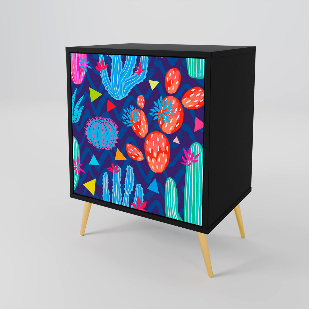 SIDEBOARD CACTUS VIBES, Schwarz, 57,5x42x70,5 cm, Schwarze Metall-Sternfüße - Multicolor/Schwarz, Holzwerkstoff/Metall (57.5/70.5/42cm) - SpaceRebels