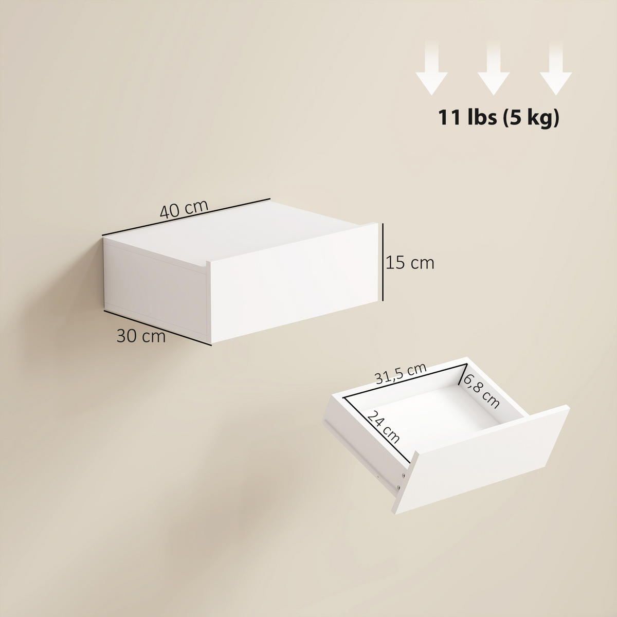 NACHTSCHRANK DE-12955 Wandmontage mit Schublade Weiß - Weiß, Holzwerkstoff (30/15/40cm) - ComfortXL