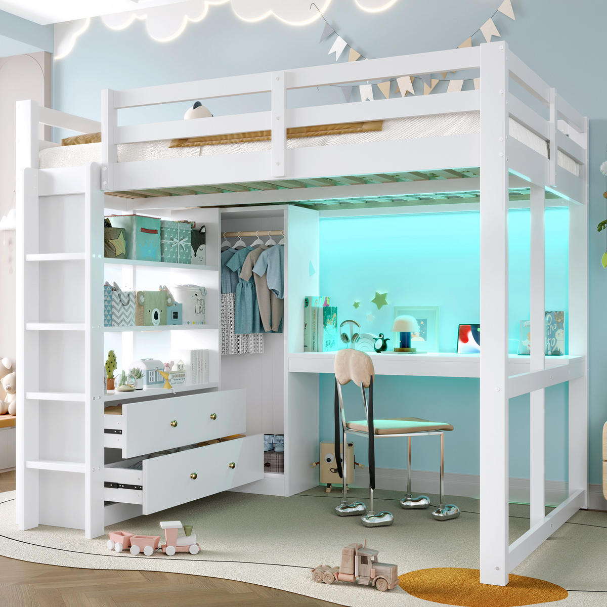 HOCHBETT 140/200 cm in Weiß mit 2 Schubladen, Regal, LED und USB - Weiß, Holz/Holzwerkstoff (140/200cm) - WISHDOR