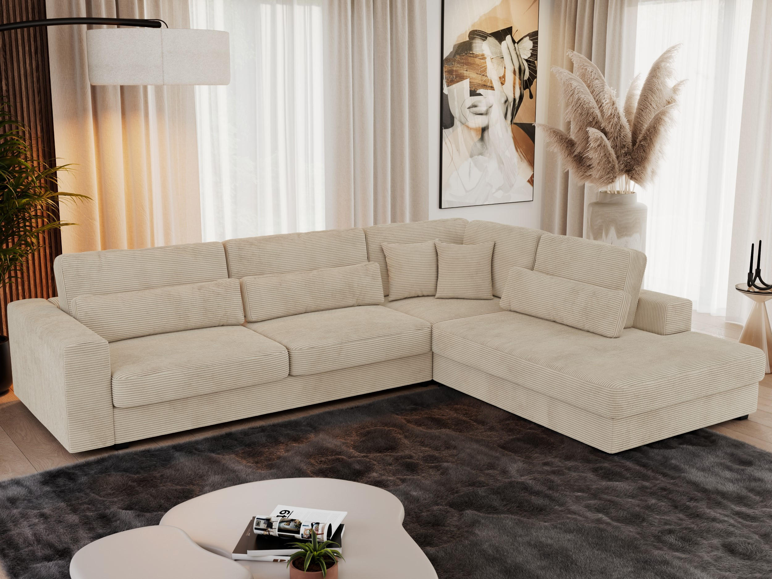 ECKSOFA Savona Beige Cord - rechts - Beige/Schwarz, Kunststoff/Textil (249/316cm) - MKS