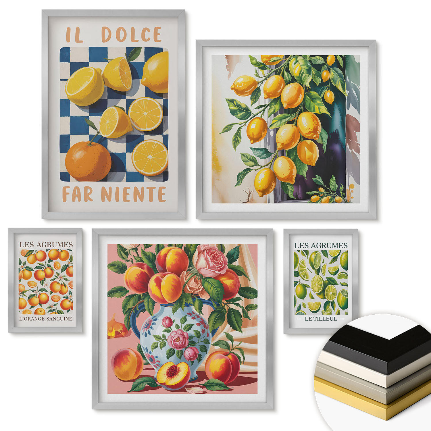 WANDBILDER 5er Set - 50x50 cm & 20x30 cm & 40x60 cm Silberner Rahmen - Zitronenbäume im Topf - Silberfarben, Kunststoff (40/60cm) - ArtPrintCave