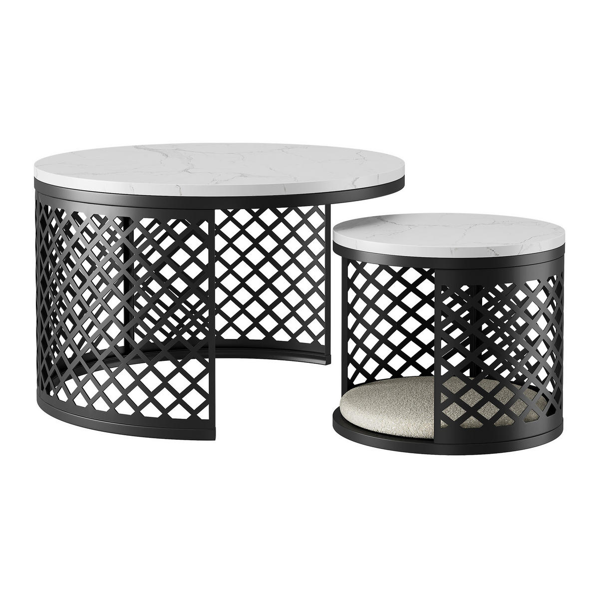 COUCHTISCH 2er Set 70/70/45 cm in Weiß und Schwarz aus MDF mit Haustierbereich - Schwarz/Weiß, Holzwerkstoff/Metall (70/70/45cm) - CHICFURN