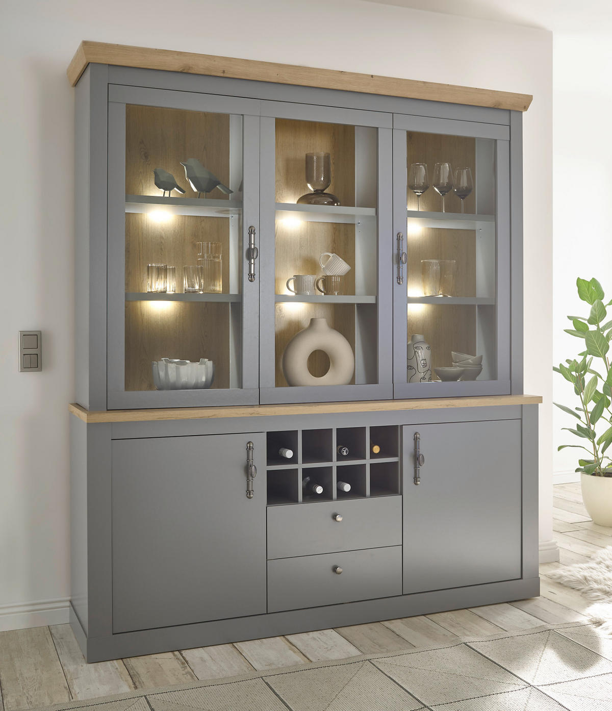 BUFFET grau, Artisan Eiche Landhaus 183 x 200 cm, Buffetschrank mit Weinregal - Silberfarben/Hellgrau, Glas/Holzwerkstoff (183/206/44cm) - Furn.Design