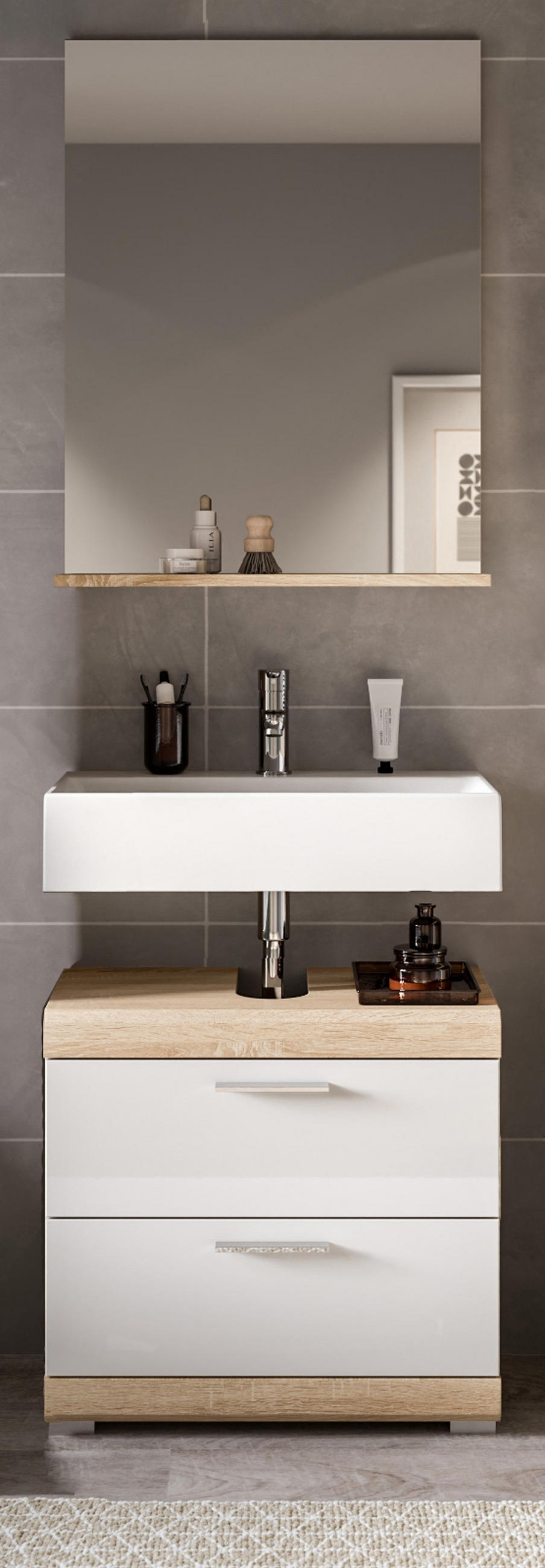 BADMÖBEL-SET weiß Hochglanz, Eiche 2-teilig 60 cm, mit Schubkästen - Weiß Hochglanz/Eichefarben, Holzwerkstoff (60/191/37cm) - Inn.Furn