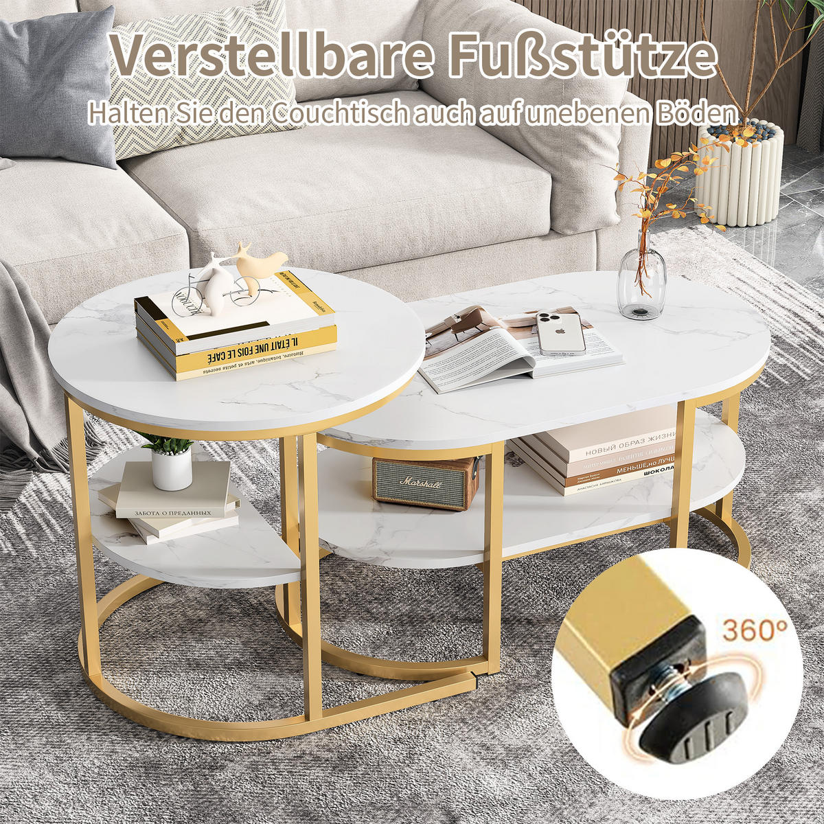 COUCHTISCH 2er SET, Weiß/Golden - Goldfarben/Weiß, Metall (80/46/41cm)