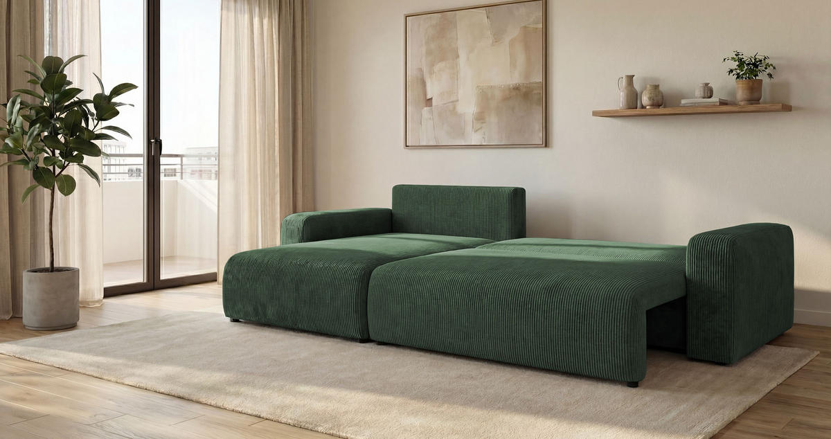 ROHOVÁ pohovka BERLIN levá zelená manšestr Poso 14 - funkce spaní, úložný prostor - zelená barva, textil (285/185cm) - Cornero