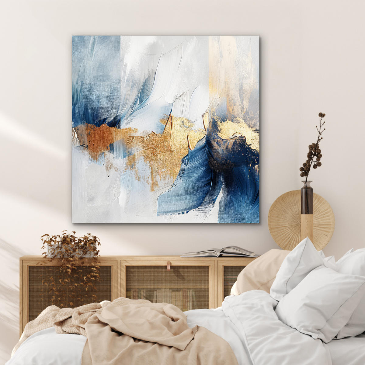 KOVOVÝ OBRAZ Zlatá - modrá - akvarel - umenie - moderné 90x90 cm - svetlomodrá, kov (90/90cm) - MuchoWow