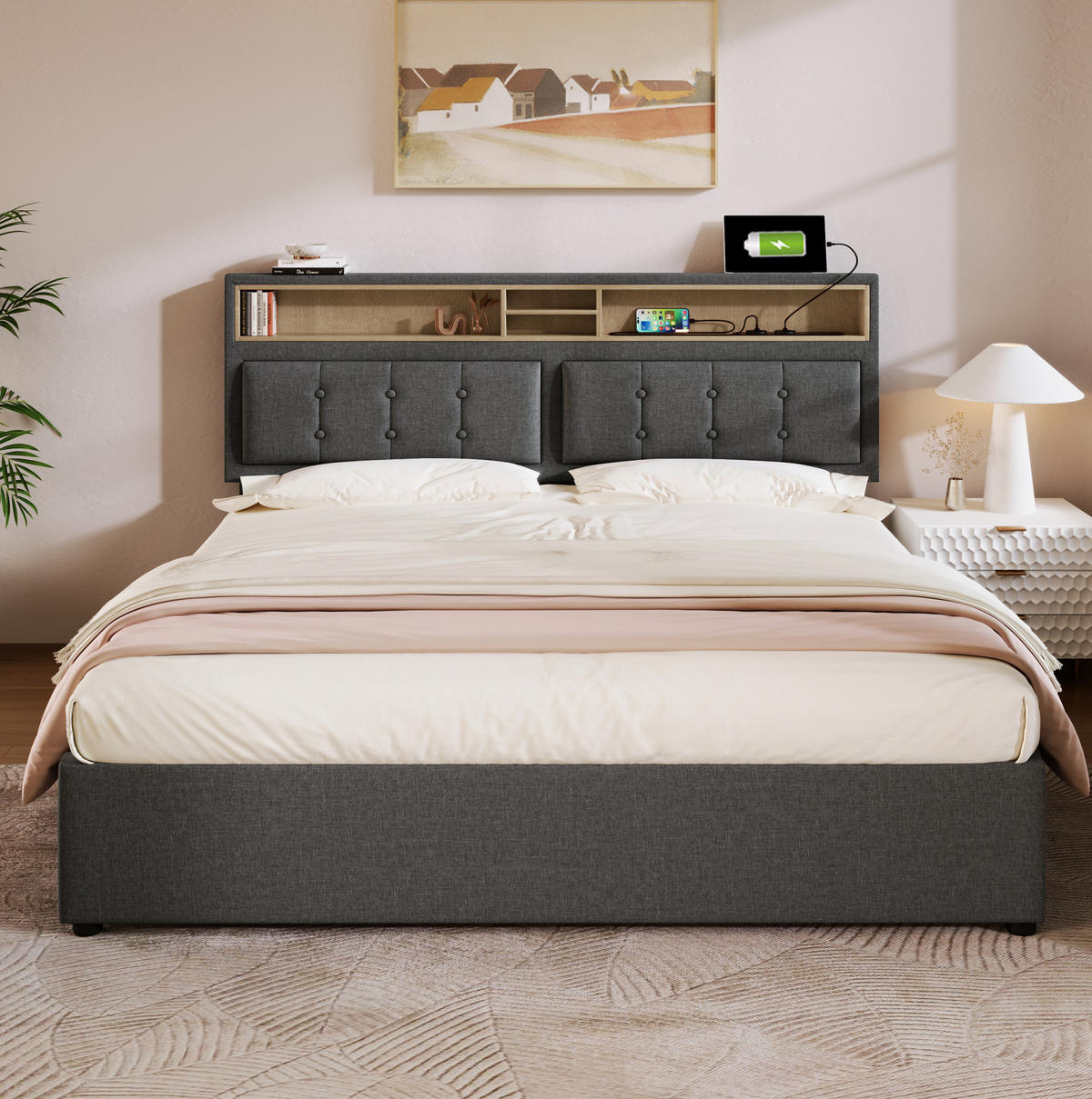 POLSTERBETT 140/200 cm in Grau mit Stauraum und USB- und Type-C-Anschlüssen - Grau, Textil (140/200cm) - Flora Grace