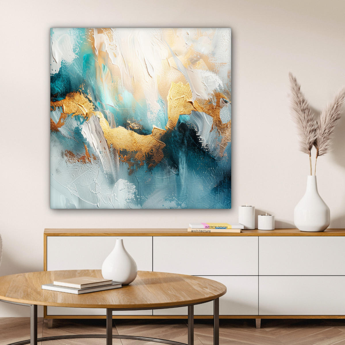 LEINWANDBILD Abstrakt - Kunst - Gold - Blau 90x90 cm - Petrol, Textil (90/90cm) - MuchoWow