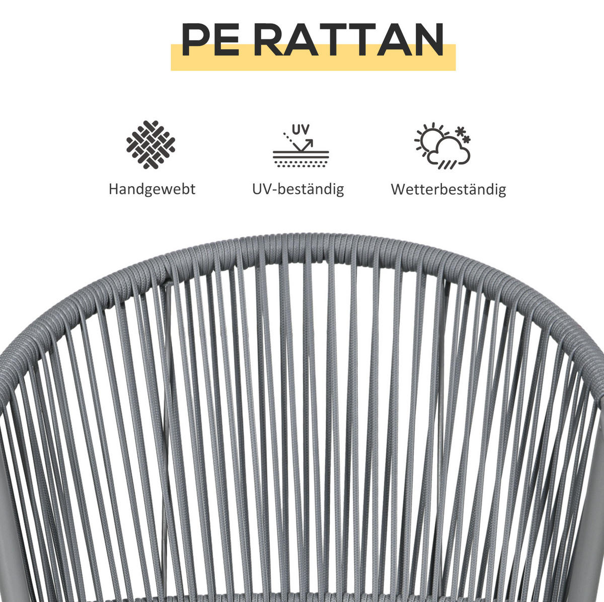 GARTENGARNITUR 3-teilig Ø48×46cm mit 2 Stühlen und Tisch,in Rattanoptik mit Kissen - Hellgrau, Naturmaterialen - Modfu