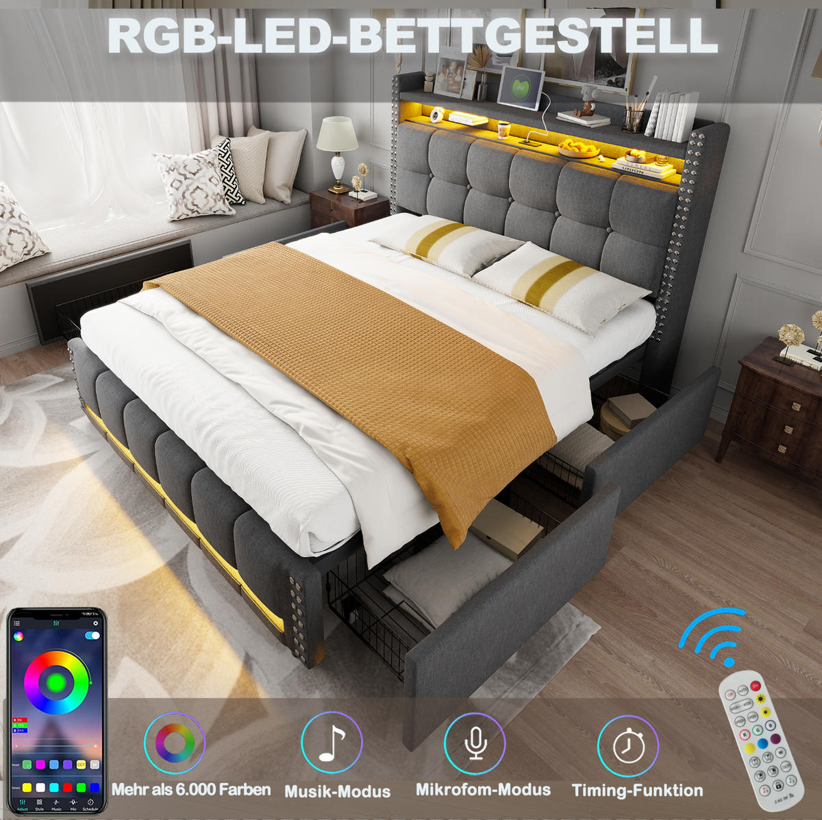 POLSTERBETT 160/200 cm mit LED-Beleuchtung, USB-Anschluss und Kopfteil mit Ablagen und Stauraum, aus Leinenstoff, Grau - Grau, Textil (160/200cm) - Redom