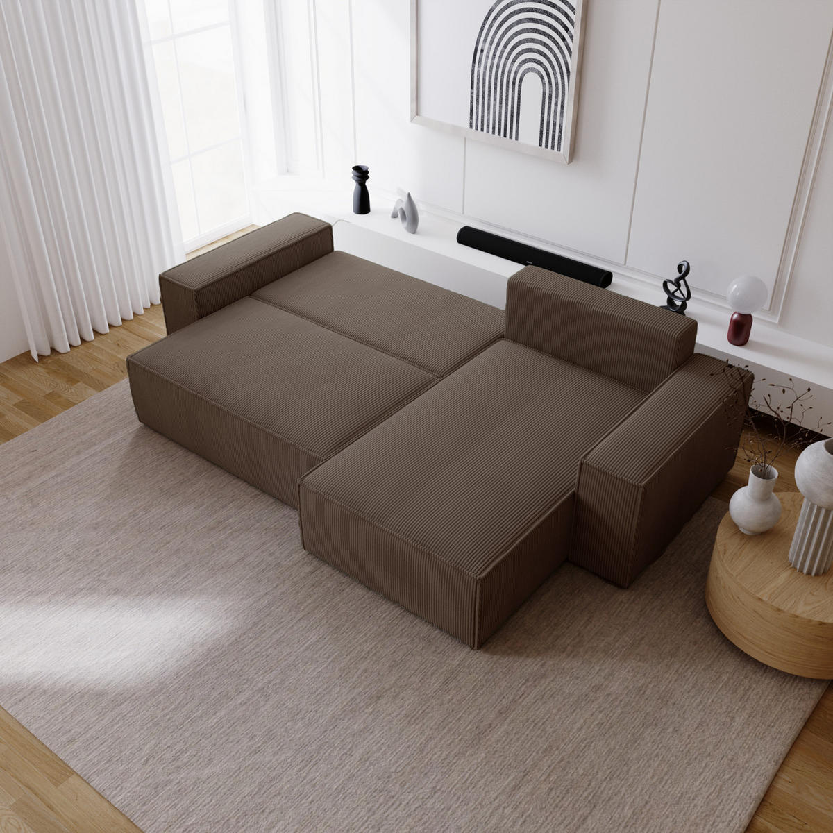 ECKSOFA Bergamo L mit Cordstoff, 280 cm, Schlaffunktion, Rechts - Braun - Braun, Holz (189/277cm) - Emporius