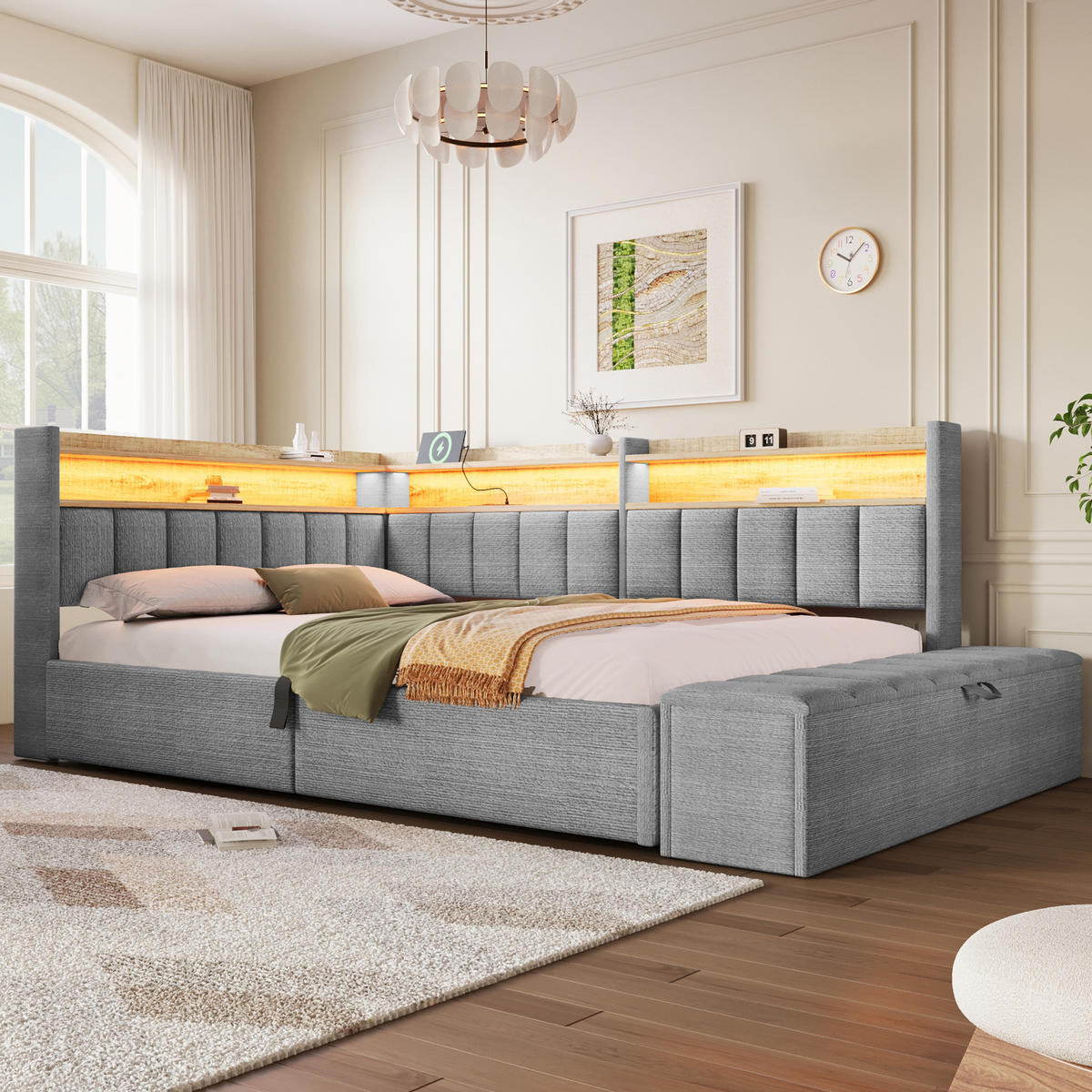TAGESBETT 140 x 200 cm, Grau, Samt, LED, USB - Grau, Textil (140/200cm) - FLIEKS