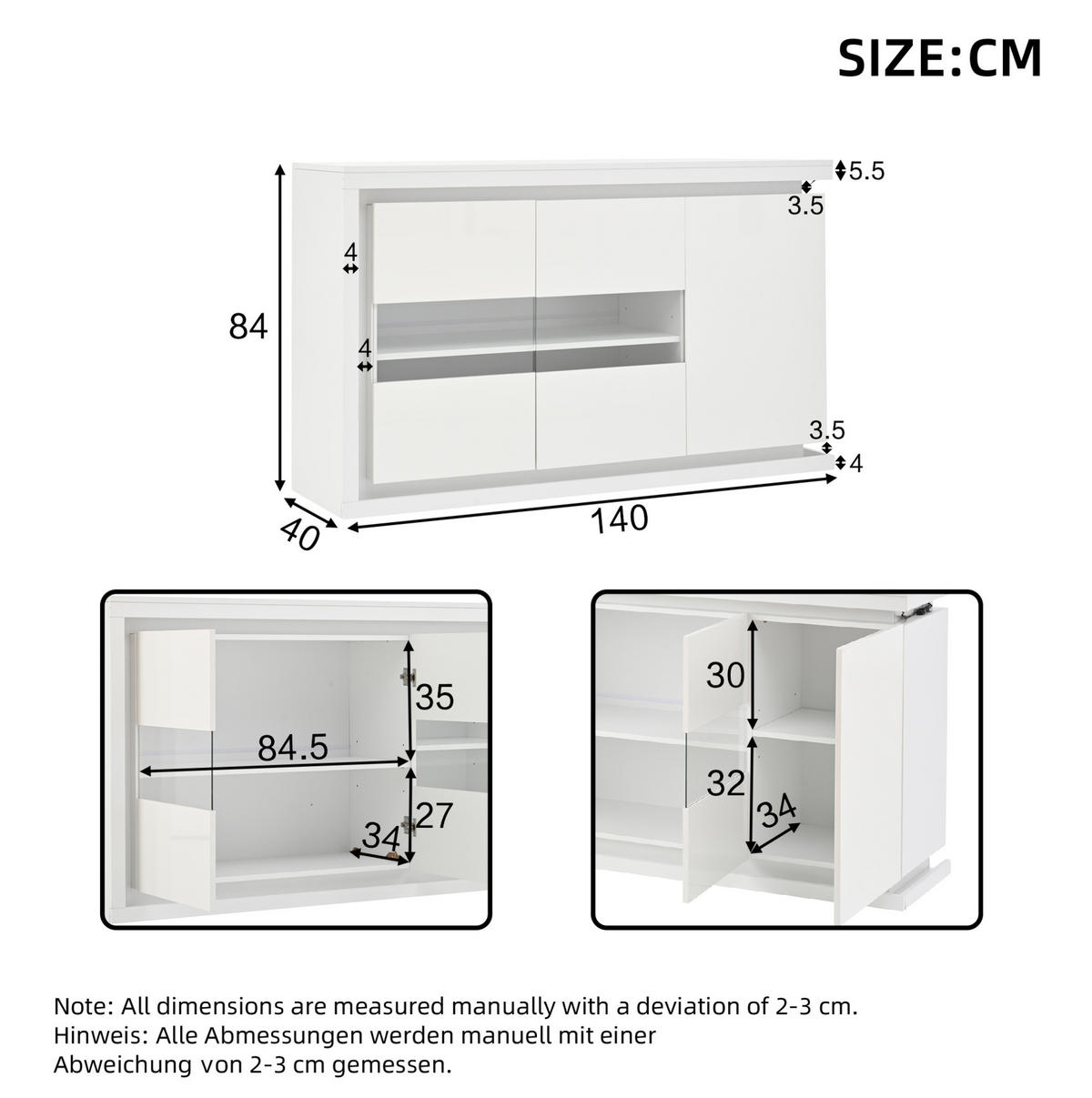 SIDEBOARD aus Spanplatte 140x40x84 cm Weiß mit LED-Beleuchtung, Glastüren und verstellbaren Einlegeböden - Weiß, Holzwerkstoff (140/84/40cm) - Modfu