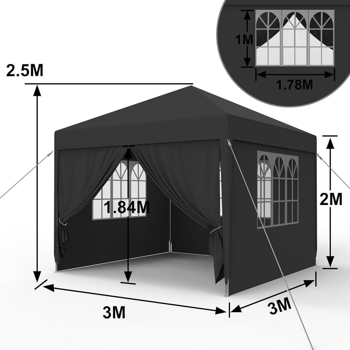 GARTENPAVILLON 3x3m Anthrazit Wasserdicht UV-Schutz mit Seitenteilen und Fenstern - Schwarz, Kunststoff (300/250/300cm)