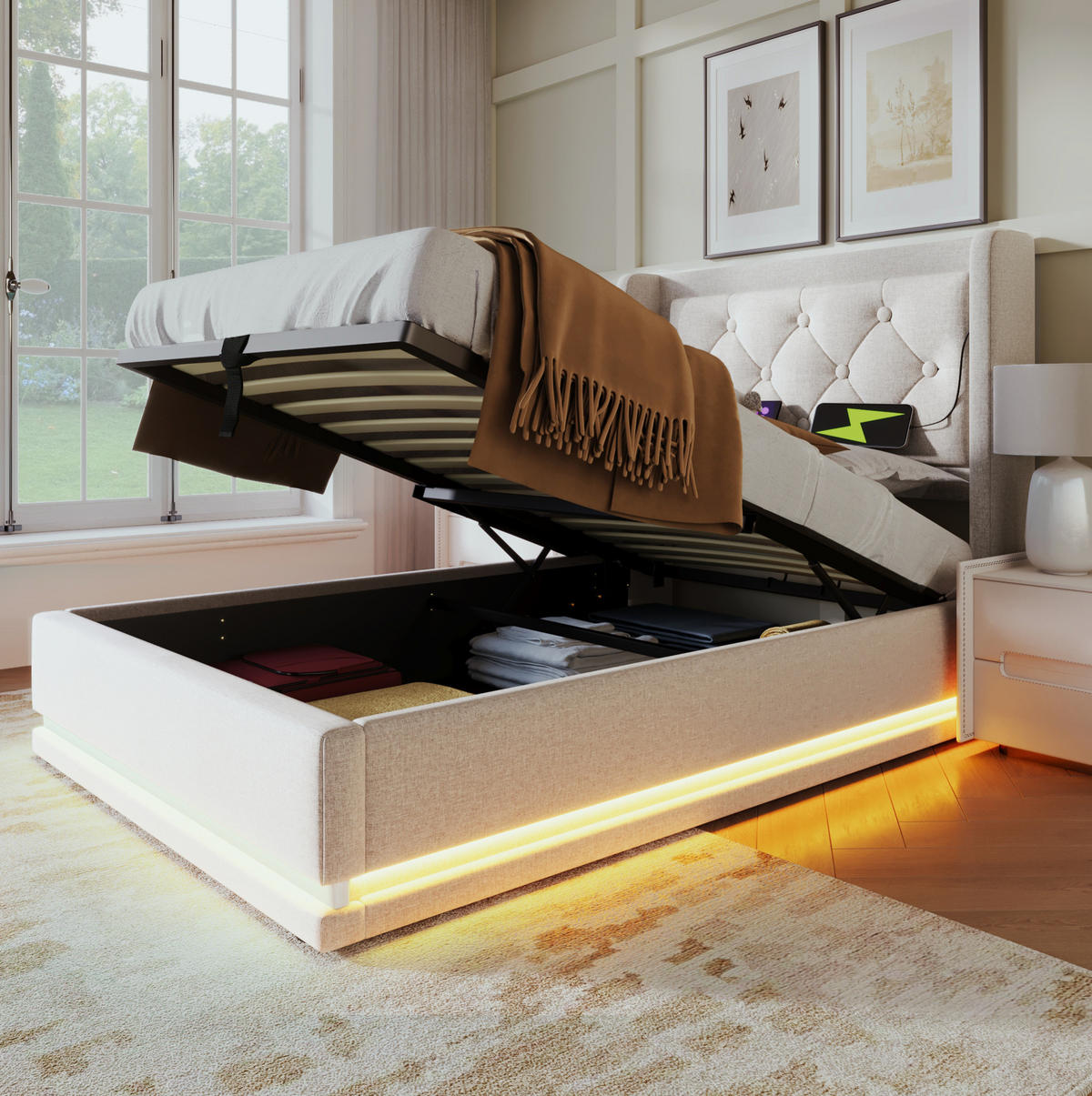 POLSTERBETT 90/200 cm mit hydraulischem Bettkasten, USB/Typ-C & 3-seitiger LED, Beige - Beige, Textil (90/200cm) - Redom