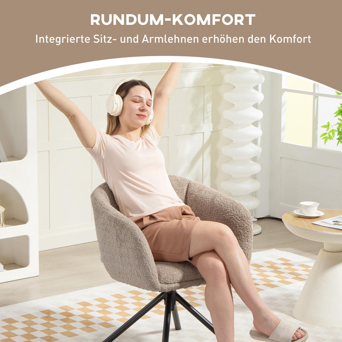 SESSEL Loungesessel mit Armlehne, 360° Drehfunktion, Leinenoptik, Hellbraun - Braun, Textil (58.5/78.5/59cm) - HOMCOM