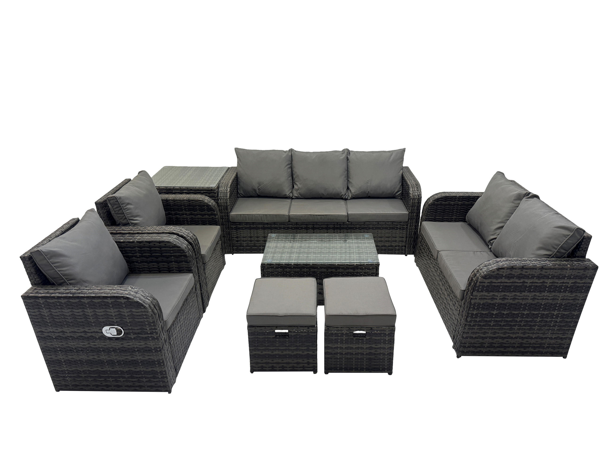 GARTENMÖBELSET mit Couchtisch Polyrattan 9-Sitzer - Dunkelgrau/Grau, Glas/Kunststoff - Fimous