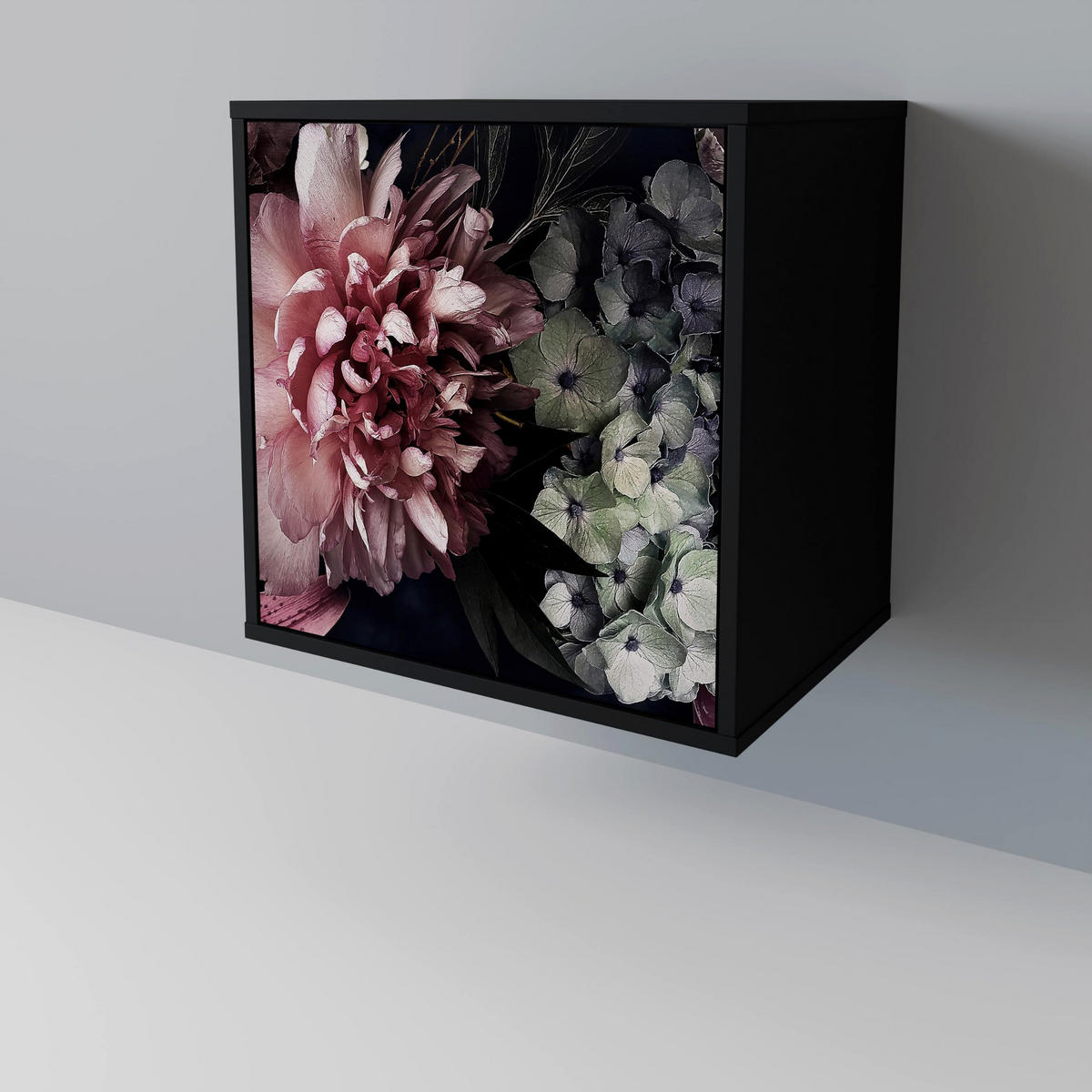 SIDEBOARD PURE BLOSSOM, Schwarz, 57,5x42x67,5 cm, Schwarze Metall-Rahmenfüße - Multicolor/Schwarz, Holzwerkstoff/Metall (57.5/67.5/42cm) - SpaceRebels
