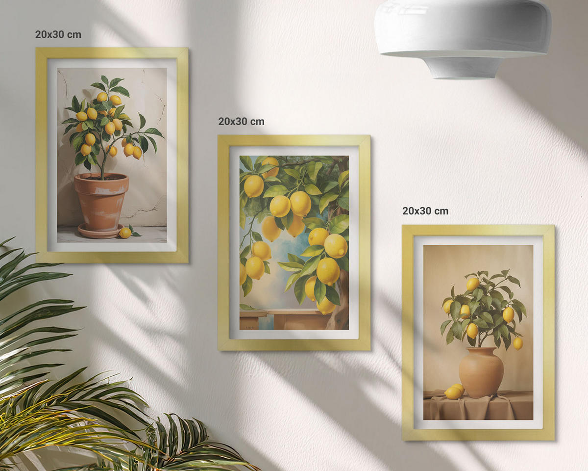 BILDER SET 3er Set - 20x30 cm Goldrahmen - Zitronenbäumchen im Topf und in der Vase - Goldfarben, Kunststoff (20/30cm) - TULUP