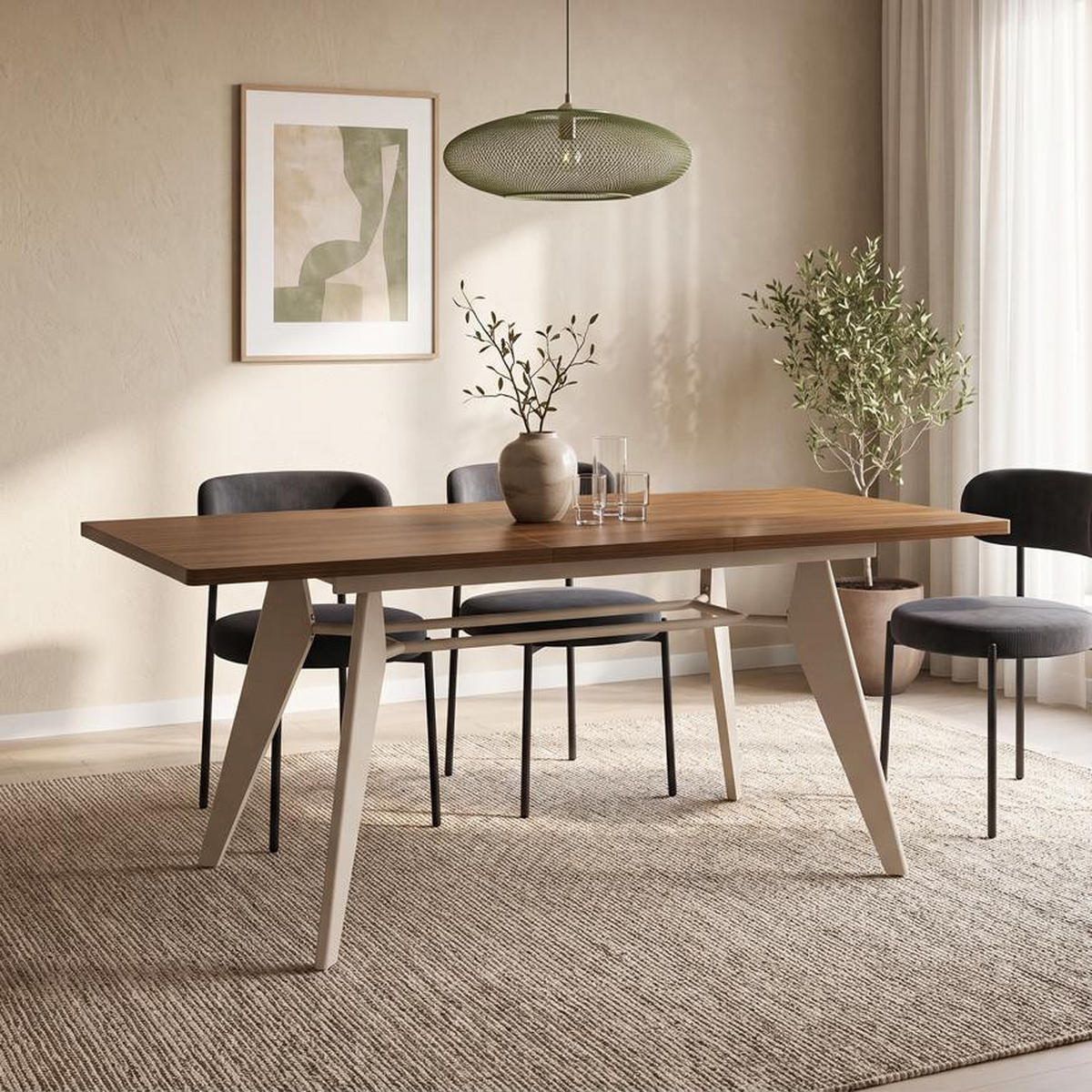ESSTISCH ausziehbar 140/180cm Metallbeine Beige und Tischplatte Nussbaum-Optik Meloe - Beige/Nussbaumfarben, Holzwerkstoff/Metall (90/140/76cm) - Sicaan