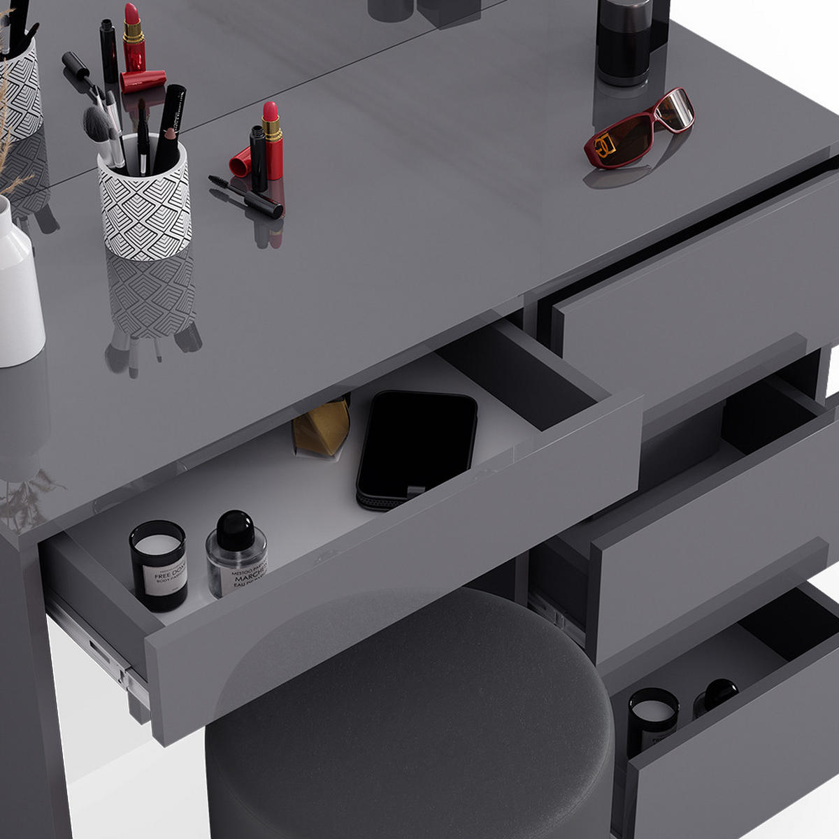 SCHMINKTISCH-SET Sherry Anthrazit 90 cm mit Hocker - Schwarz Hochglanz/Anthrazit, Holzwerkstoff (90/75/40cm) - Vicco