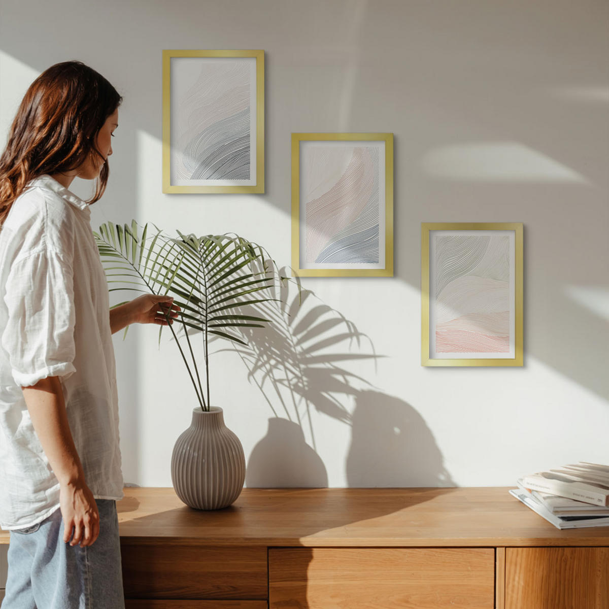 WANDBILDER 3er Set - 20x30 cm Goldrahmen - Abstrakte Wellen, Karton, Pastell - Goldfarben, Kunststoff (20/30cm) - ArtPrintCave