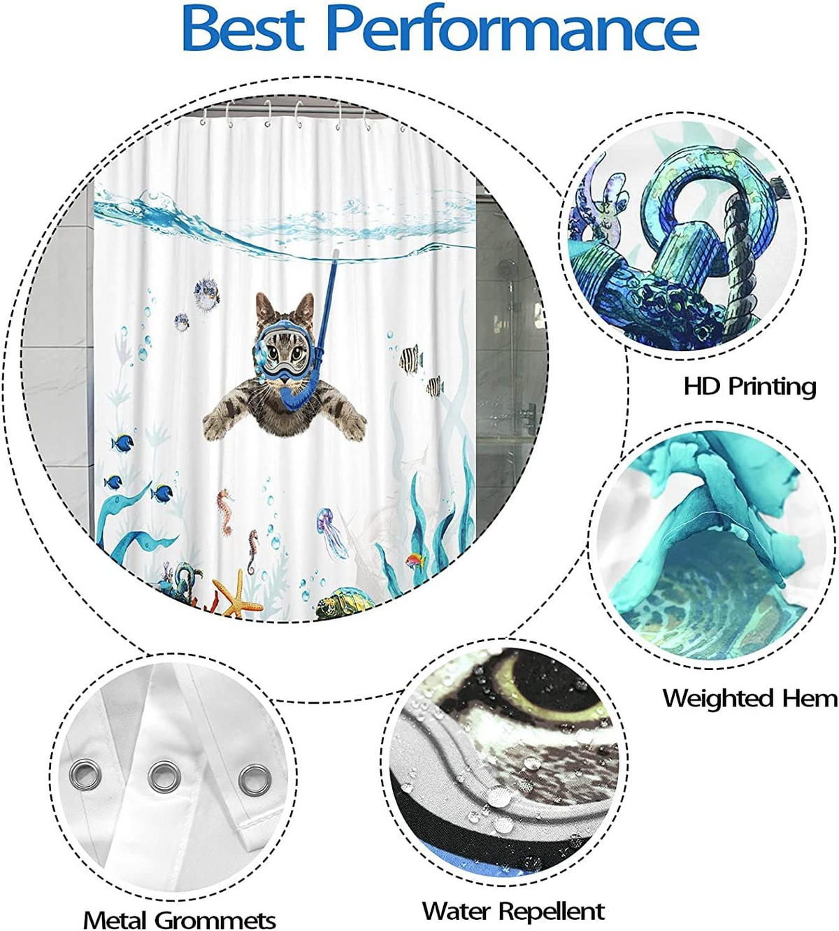 DUSCHVORHANG Katze Ozean bedruckt Polyester schnell trocknend wasserdicht waschbar - Weiß, Textil (180/180cm) - MCBOSON