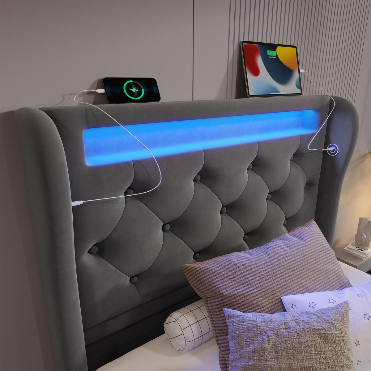 POLSTERBETT 90/200 cm Grau mit LED-Beleuchtung und Stauraum-Kopfteil aus Samt Mit Matratze - Grau, Textil (90/200cm) - OKWISH