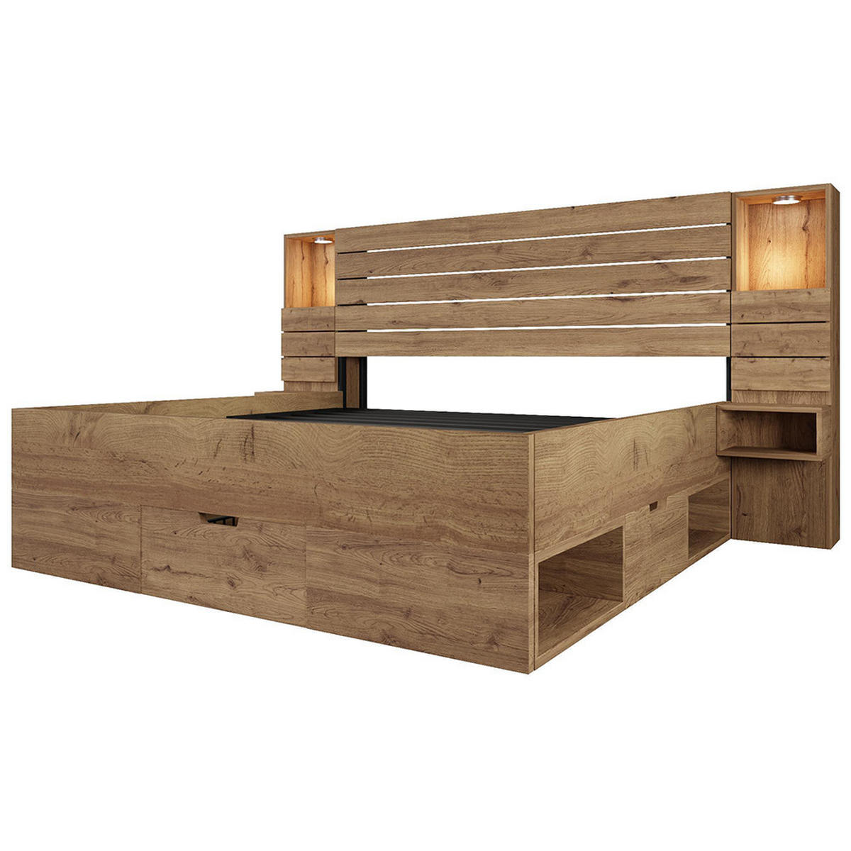DOPPELBETT 160x200 cm mit LED-Downlights und USB Type-C in Eichenoptik, ohne Matratze - Eichefarben, Holz (200/160cm)
