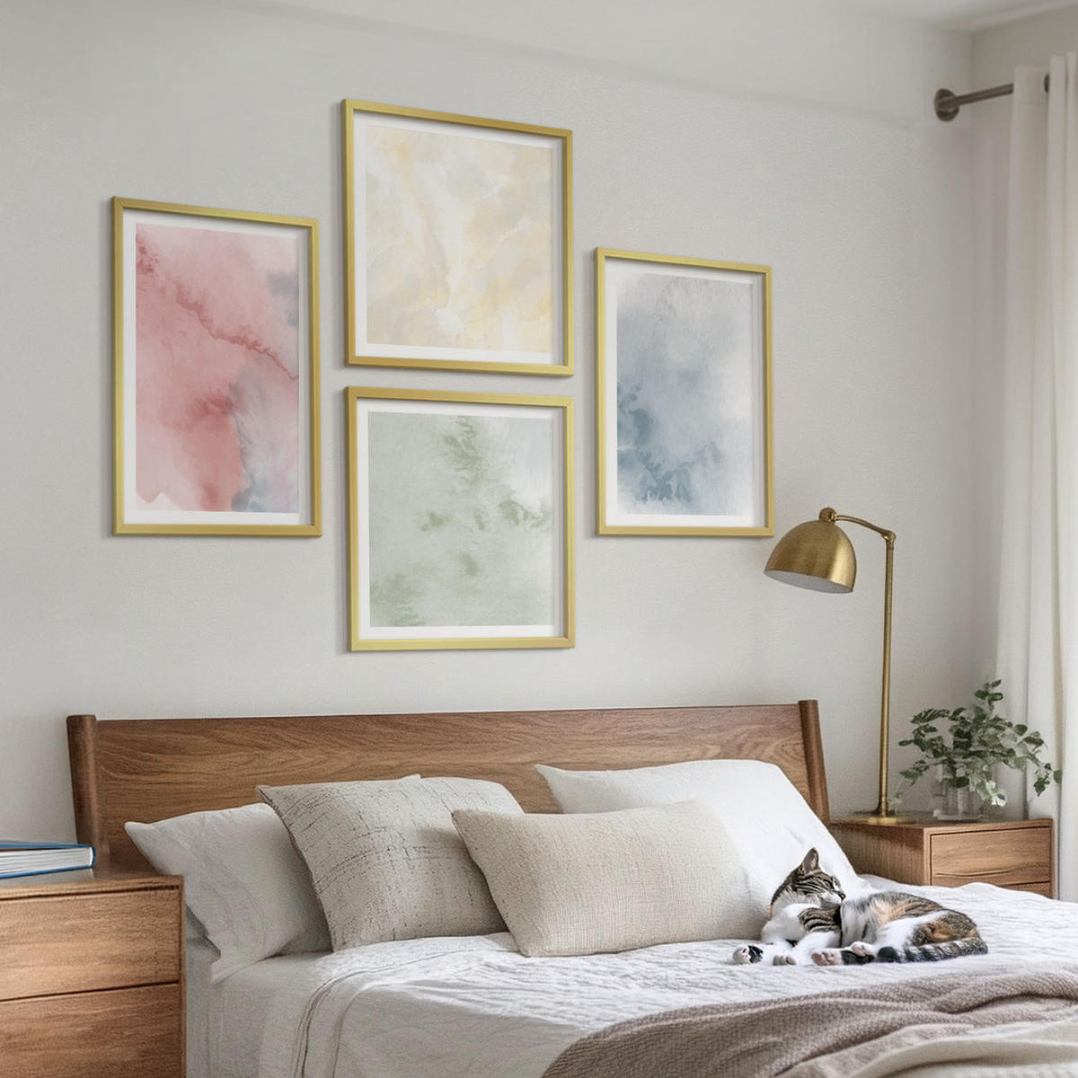 WANDBILDER 4er Set - 50x50 cm & 40x60 cm Goldrahmen - Aquarellfarben in Pastellfarben - Goldfarben, Kunststoff (50/50cm) - ArtPrintCave