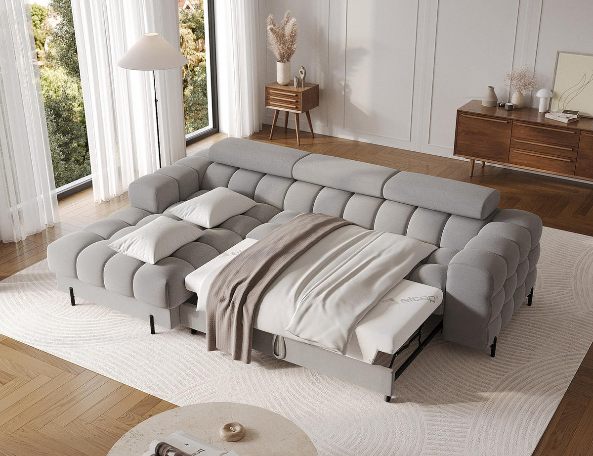 ECKSOFA FELRO mit Schlaffunktion, Bettkasten & verstellbaren Kopfstützen – Modernes Premium-Ecksofa in L-Form - Grau, Kunststoff (285/181cm) - Wohnideebilder
