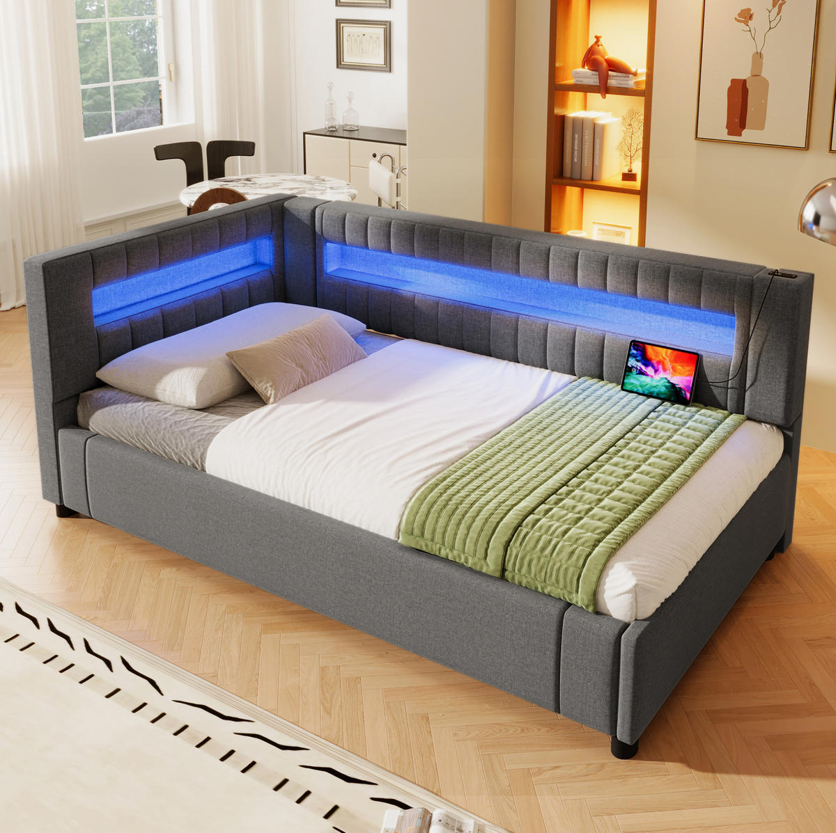 POLSTERBETT 90/200 cm Grau aus Leinen mit Stauraum, LED und USB-Anschlüssen - Grau, Textil (90/200cm) - Flora Grace