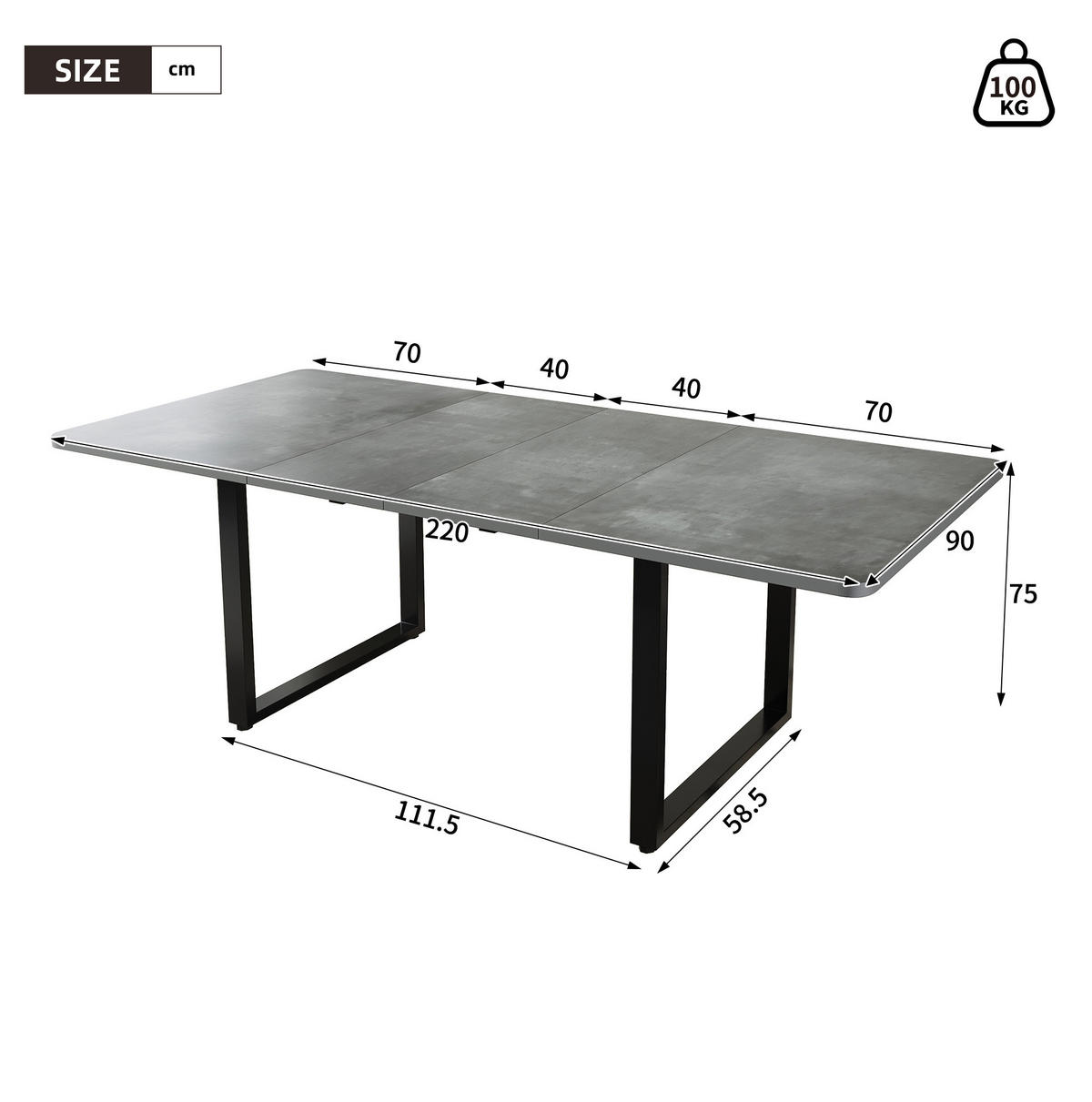 AUSZIEHTISCH 140-220/80 cm in Grau mit Metallgestell für 6 bis 10 Personen - Grau, Holzwerkstoff (220/90/75cm) - BEAOK