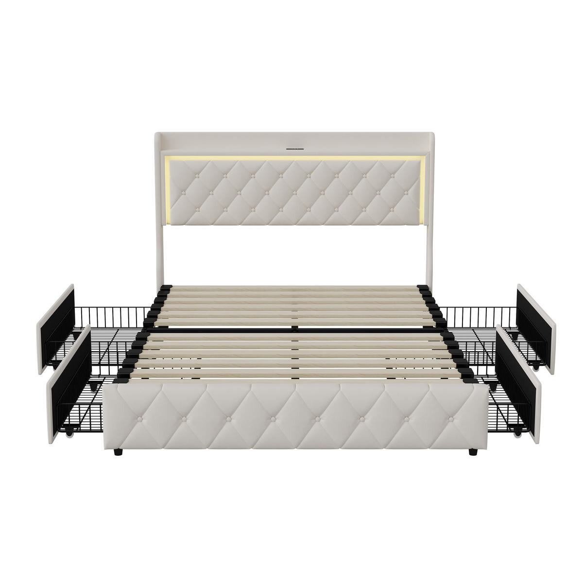 POLSTERBETT 140x200 cm, Stauraumbett mit 4 Schubladen, LED & USB/Type-C, Flauschstoff in Beige - Beige, Holz (140/200cm) - BRILVERDE