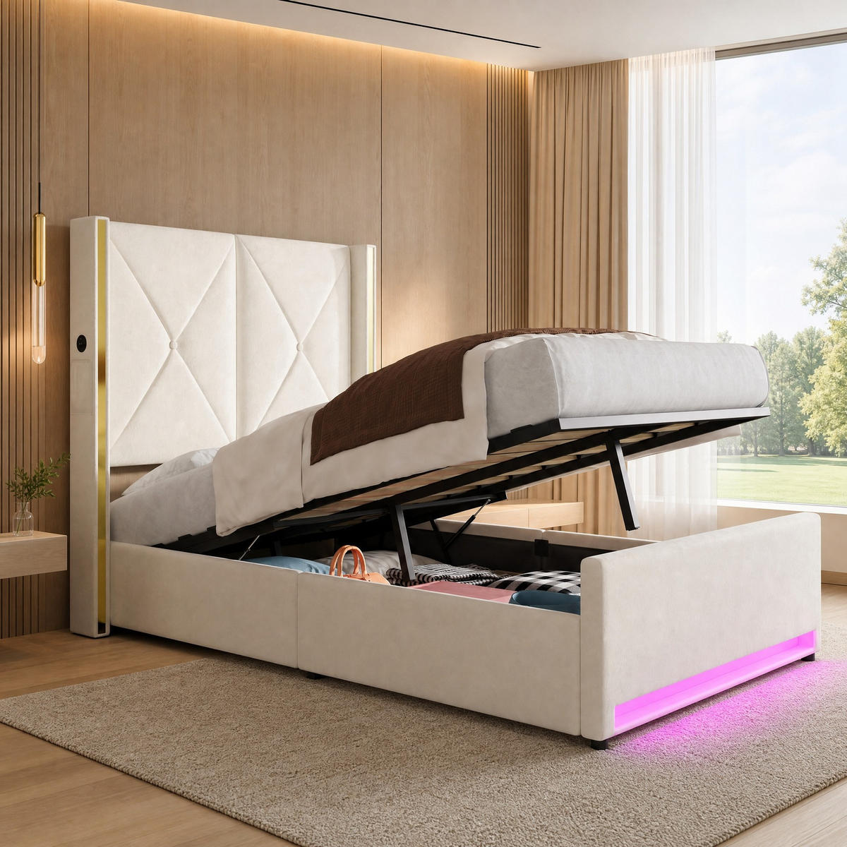 POLSTERBETT 90/200 mit Bettkasten, LED, USB & Type-C und Seitentaschen - Beige, Holzwerkstoff/Textil (90/200cm) - EVRYAE