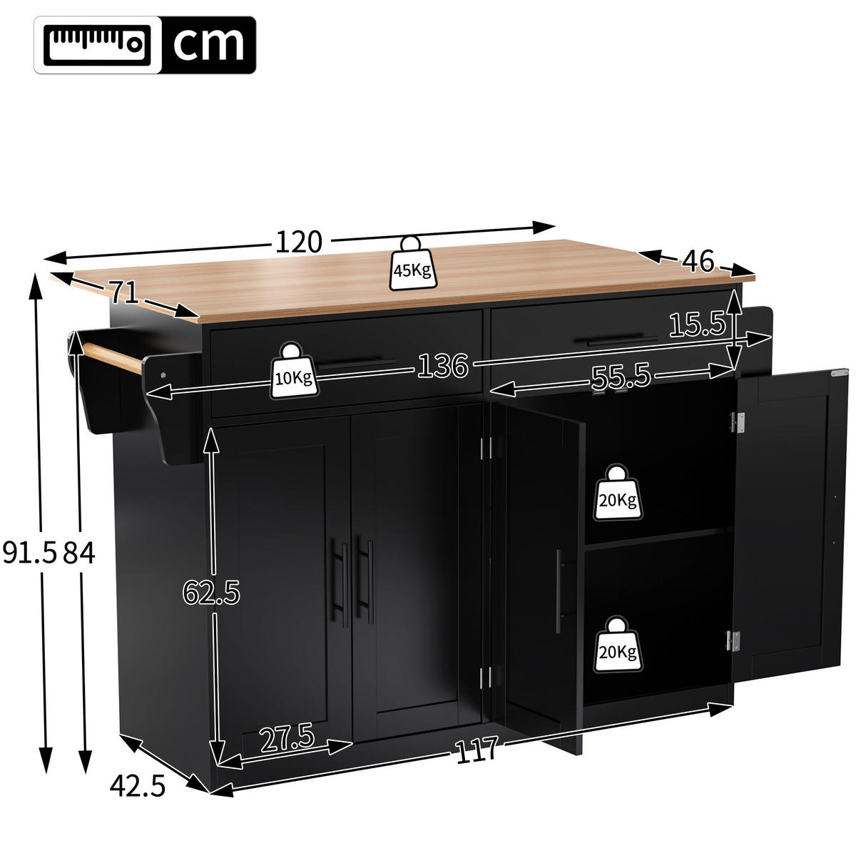 KÜCHENINSEL 120/91,5/46 cm Schwarz/Natur aus MDF mit klappbarer Tischplatte - Schwarz, Holzwerkstoff (71/91.5/120cm) - OKMYHOME