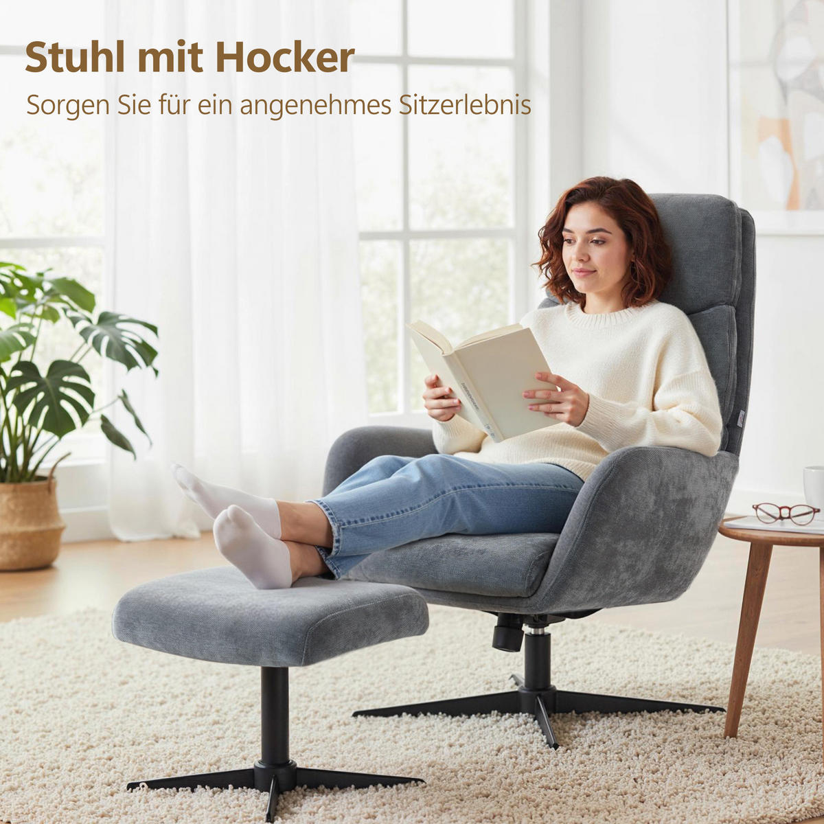 RELAXSESSEL mit Hocker, Fernsehsessel mit hoher Rückenlehne Wippfunktion Grau - Schwarz/Grau, Textil/Metall (66/99/75cm) - HOMCOM