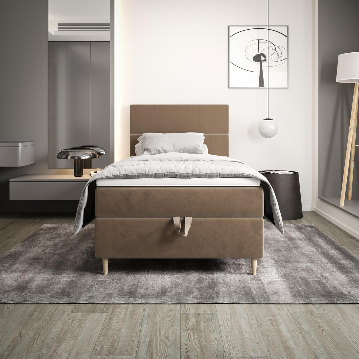 BOXBETT FLO 120x200 Itaka 48, mit Matratze H3, Bonell und Topper, Camel - Cappuccino, Holz/Textil (120/200cm) - Bedante