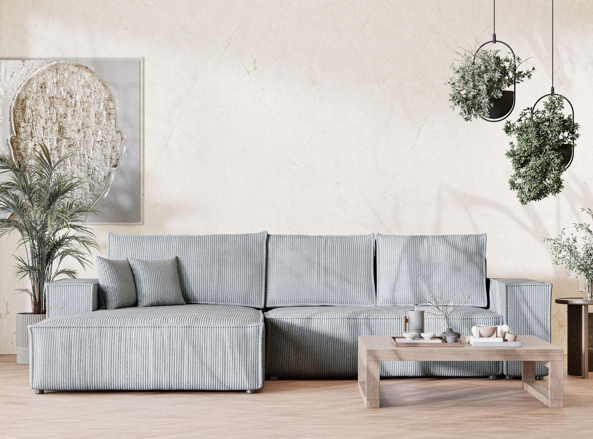 ECKSOFA MIT SCHLAFFUNKTION Maze Hellgrau Samtstoff - Hellgrau/Schwarz, Holz/Holzwerkstoff (294/185cm) - Maison de Reve