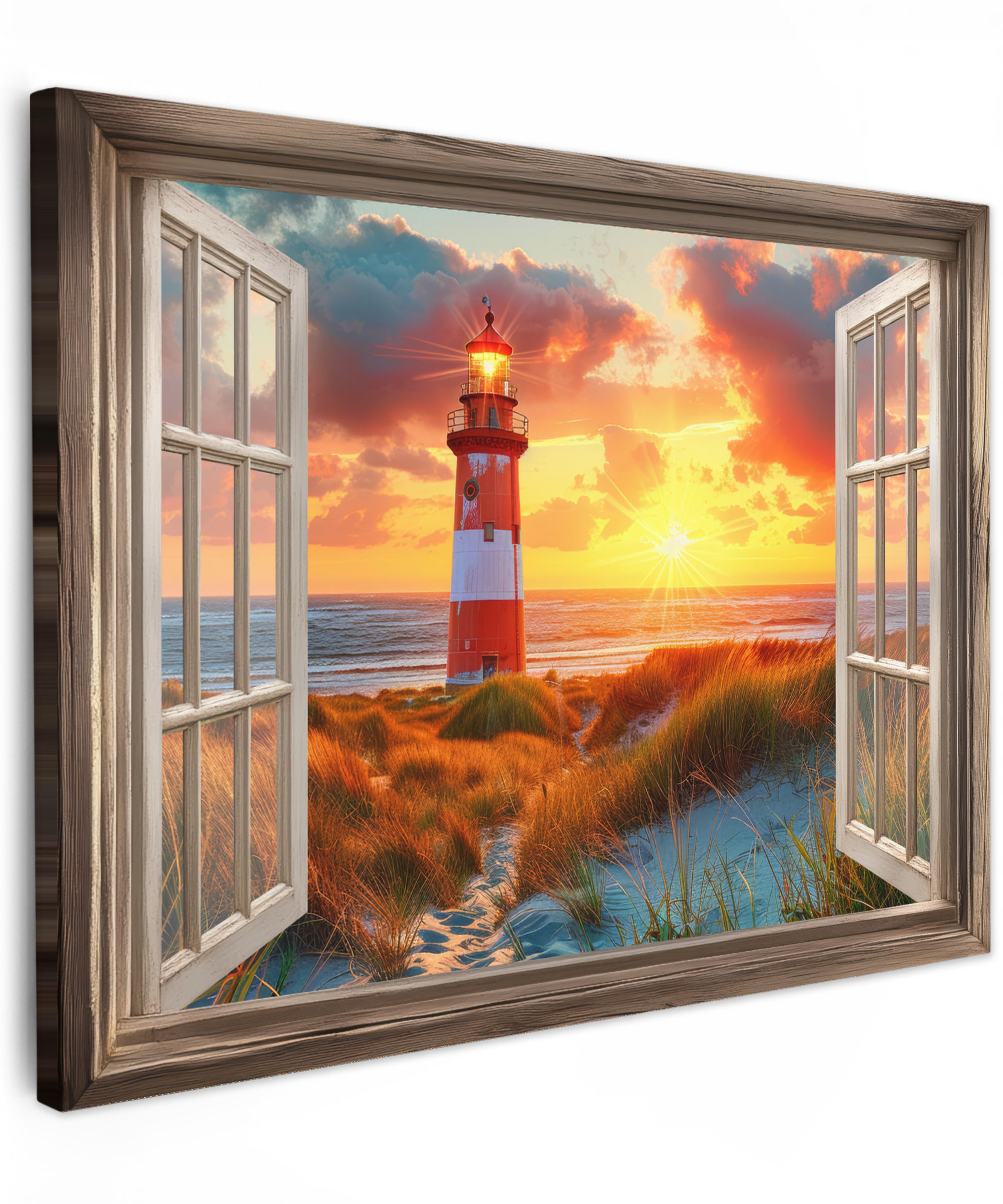 LEINWANDBILD Aussicht - Fenster - Leuchtturm - Sonnenuntergang - Strand 40x30 cm - Dunkelorange, Textil (40/30cm) - MuchoWow